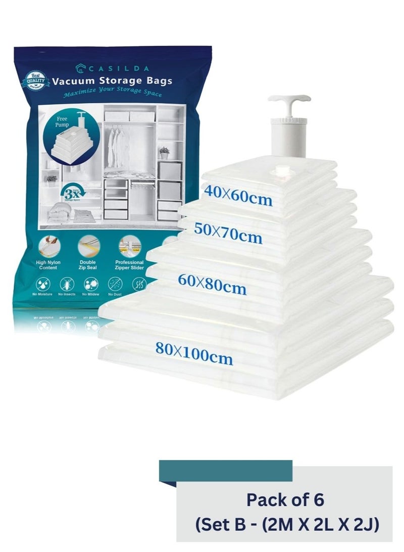 Casilda Space Saver Vacuum Storage Bags with Hand Pump, Vacuum bag Reusable for 80% more Space for Packing Clothes, Blankets, Pillows, Bedding and Travel (2M X 2L X 2J) – Set of 6 (Set B) - Image 1
